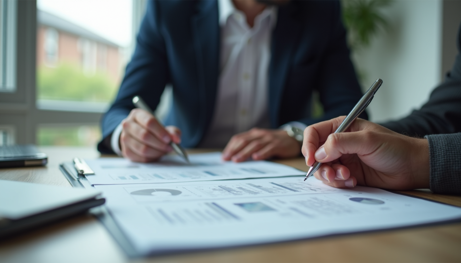 Close-up view of a property investment advisor discussing plans with a client